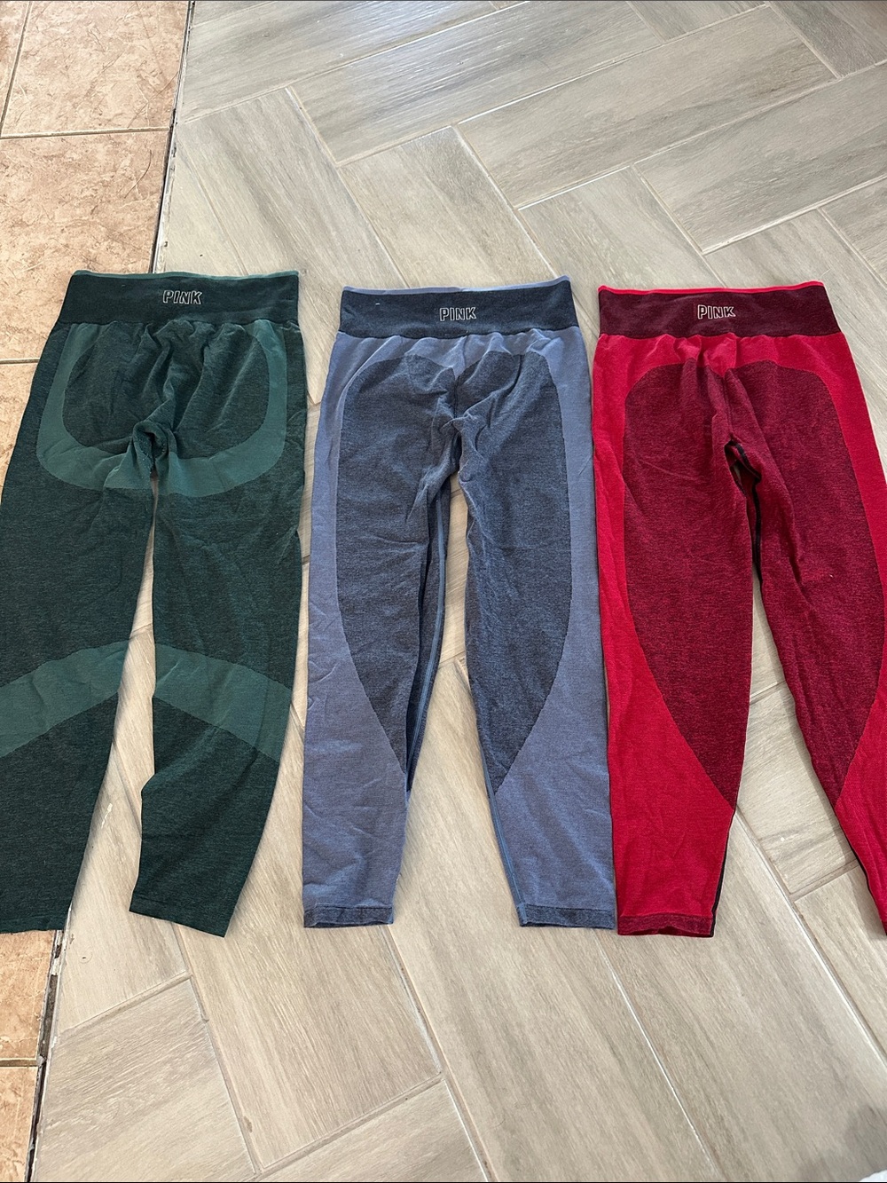 3 PINK Victoria's Secret Colorblock Seamless Leggings Trio - Green, Blue, Red